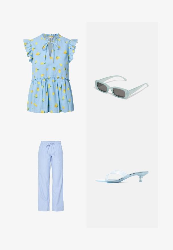 Blusa sin mangas azul claro con mangas con volantes, estampado de limones, escote con abertura y detalle de lazo en el cuello.; Pantalones de pijama azul claro con rayas verticales blancas. Cuentan con una cinturilla elástica con cordón. La tela parece suave con una textura lisa.; Sandalia baja transparente con tiras transparentes y un tacón delgado y ligeramente curvado sobre fondo blanco.; Un par de gafas de sol rectangulares con montura translucida azul clara y lentes gris oscuro, que cuentan con patillas rectas y detalles de hardware mínimos.