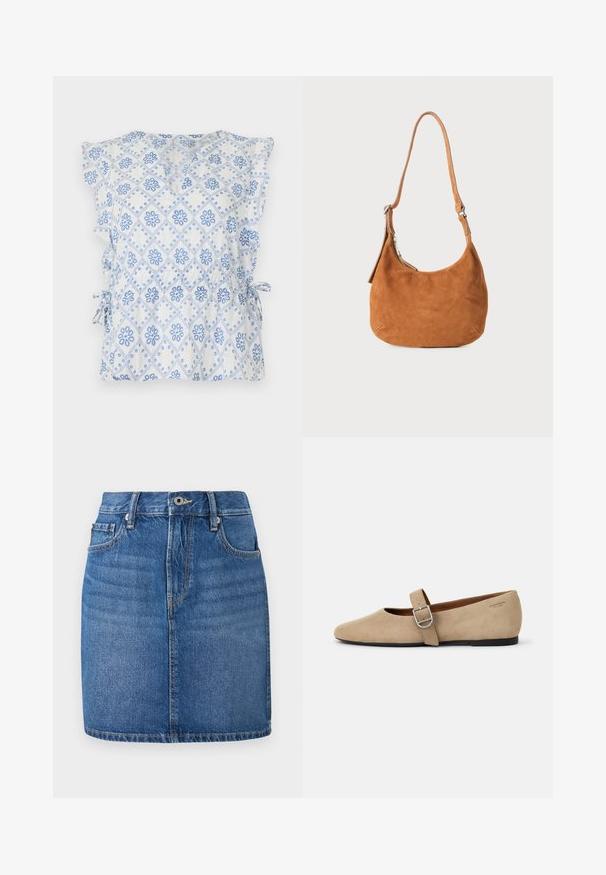 Blouse blanche avec un motif de diamants floraux bleus, manches volantées et liens latéraux pour un ajustement réglable. Tissu léger avec une texture agréable.; Jupe en denim bleu, coupe droite avec une ceinture, poches avant et une finition délavée. Présente des coutures contrastées et une braguette zippée.; Ballerines en daim beige de style Mary Jane avec un bout pointu et une seule sangle réglable dotée d'une boucle en métal argenté. Semelle plate noire.; Sac à main en daim beige avec un design incurvé, une bandoulière ajustable, une fermeture éclair en métal et un détail de logo embossé à l'avant.