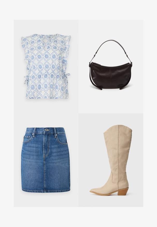 Hvid bluse med blåt blomstrende diamantmønster, flæser ved ærmerne og sidesnøringer for justerbar pasform. Letvægtsstof med en tekstureret overflade.; Denim nederdel i blå, lige skæring med taljebånd, forlommer og en falmet finish. Har kontrast syninger og lynlås til åbning.; Beige ruskind støvle der går op til knæet, med spids tå, stablet hæl og synlige sømdetaljer. Glat tekstur med simpelt design.; Mørkebrun læder skuldertaske med en buet form, glat tekstur og en enkelt justerbar rem. Har lynlåslukning.