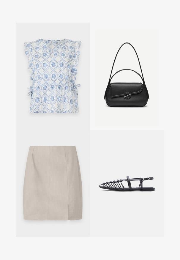 Blouse blanche avec un motif de diamants floraux bleus, manches volantées et liens latéraux pour un ajustement réglable. Tissu léger avec une texture agréable.; Jupe crayon beige avec une texture rayée, une coupe droite et une fente sur le côté pour plus de mouvement. Fabriquée en tissu léger.; Sandale plate noire avec plusieurs fines lanières, bride à boucle à la cheville et design cage à bout ouvert sur fond blanc.; Sac à main en cuir noir avec bords arrondis, rabat asymétrique, fermoir circulaire en métal, et des bandoulières courtes et longues.