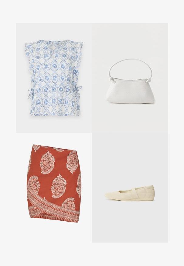 Hvid bluse med blåt blomstrende diamantmønster, flæser ved ærmerne og sidesnøringer for justerbar pasform. Letvægtsstof med en tekstureret overflade.; Rustrød nederdel med hvide paisley- og blomster mønstre. Har en diagonal nederkant og et indviklet kantdesign langs den nederste kant.; Lysebrune ballet flats med en glat læderoverflade, mandelformet tå og elastisk rem over vristen, med diskrete syninger.; Hvid fletlæderhåndtaske med afrundet håndtag og ender på remmen, der er knyttet, vist mod en ensfarvet baggrund.