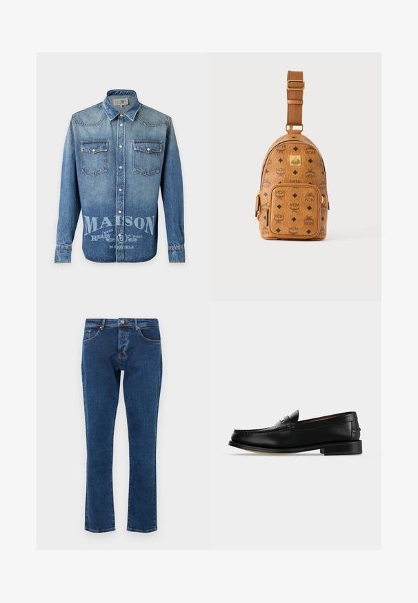 Chemise en jean bleu à manches longues avec boutons-pression, deux poches à rabat à l'avant et texte blanc délavé indiquant "MAISON" sur la partie inférieure avant.; Jean en denim bleu foncé avec une coupe droite, cinq poches et un bouton métallique à la taille. Texture lisse avec une décoloration minimale.; Mocassin homme en cuir noir avec un petit talon et une couture de style mocassin sur l'avant, vu de côté sur un fond uni.; Petit sac bandoulière en cuir beige avec bandoulière réglable, poche zippée à l'avant et motif répété du logo noir MCM.