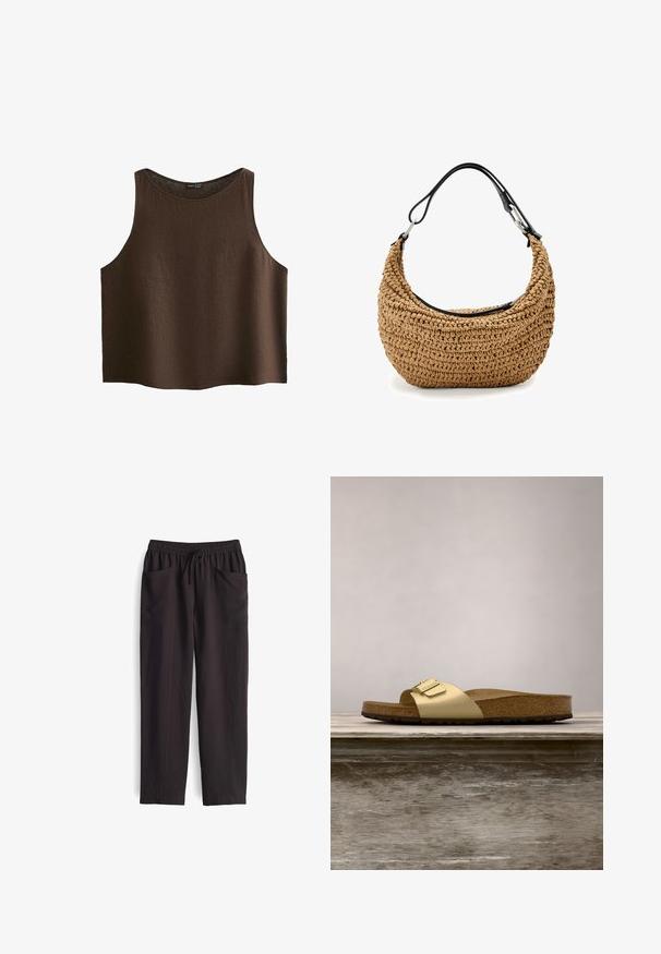 Mouwloos bruin linnen crop top met ronde halslijn, losse pasvorm en rechte zoom.; Zwarte, losse broek met een elastische tailleband en verstelbaar trekkoord; heeft twee voorke pockets en een gladde textuur.; Gouden synthetische slipper met een enkele band en een gespaccent, met een bruine kurken voetbed en een gestructureerde rubberen zool.; Gevlochten strohandtas in beige met een gebogen silhouet, voorzien van een zwarte leren band en zilverkleurige metalen accenten. Gestructureerde afwerking.