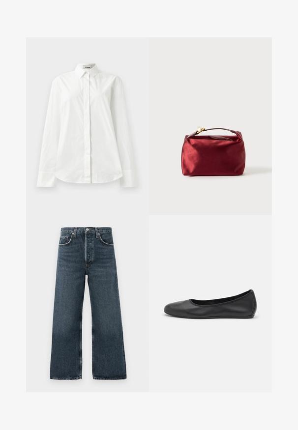 Chemise blanche en coton à manches longues avec un col pointu, fermeture à boutons sur le devant et ourlet arrondi. Texture lisse, coupe régulière et sans motifs.; Jean évasé en denim foncé avec fermeture à bouton et zip, comportant cinq poches et un léger frottement sur le tissu.; Ballerines en cuir noir avec un bout rond, texture lisse, détails de couture minimalistes et design de semelle flexible.; Trousse de maquillage en satin bourgogne de forme rectangulaire, avec fermeture éclair et une poignée courte. Présente un design minimaliste et une texture lisse.