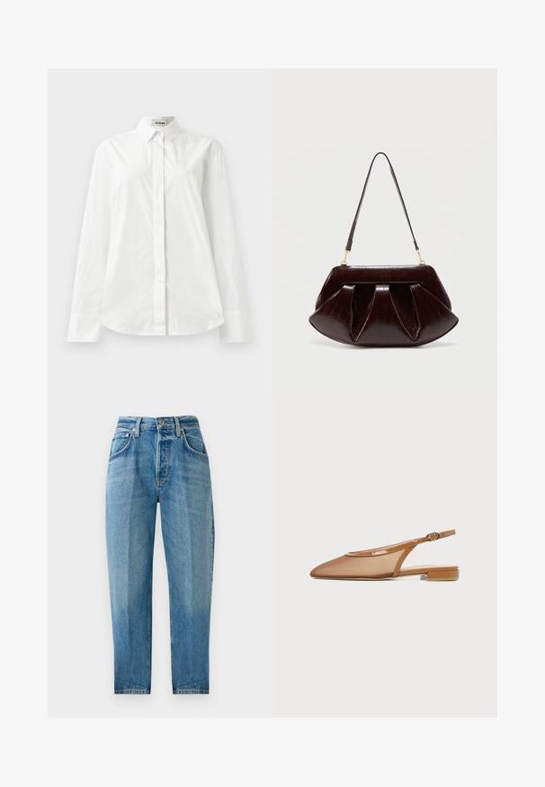 Witte katoenen blouse met lange mouwen, een puntkraag, knoopsluiting aan de voorkant en een afgeronde zoom. Gladde textuur, normale pasvorm en geen patronen.; Lichtblauwe denim jeans, rechte pasvorm, vijf zakken, vervaagde wassing, ritssluiting met knoopsluiting en zichtbaar stiksel.; Bruine platte slingbackschoen met spitse neus, mesh bovenwerk, lakaccent en kleine blokhak, zijaanzicht.; Donkerbruine leren handtas met geplooide plooien, gouden beslag en een enkele schouderriem tegen een effen lichte achtergrond.