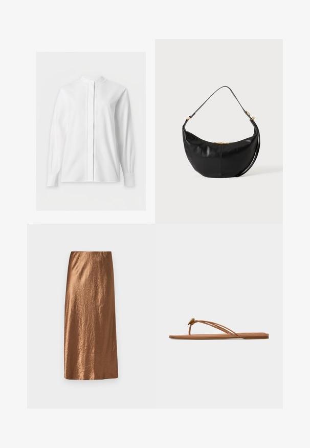 Witte blouse met lange mouwen, mandarijnkraag en verborgen knoopsluiting, getoond op een effen witte achtergrond.; Bruine midi-rok gemaakt van gestructureerde, glanzende stof met een soepel tailleband. Heeft een rechte snit met een subtiele kreukafwerking.; Beige platte sandaal met dunne dubbele teen- en zijklittenbandjes en een klein metalen sierstukje vlak bij de teenpost.; Zwarte leren handtas in halve maanvorm met een enkele schouderriem en gouden ritssluitingdetail op egale achtergrond.