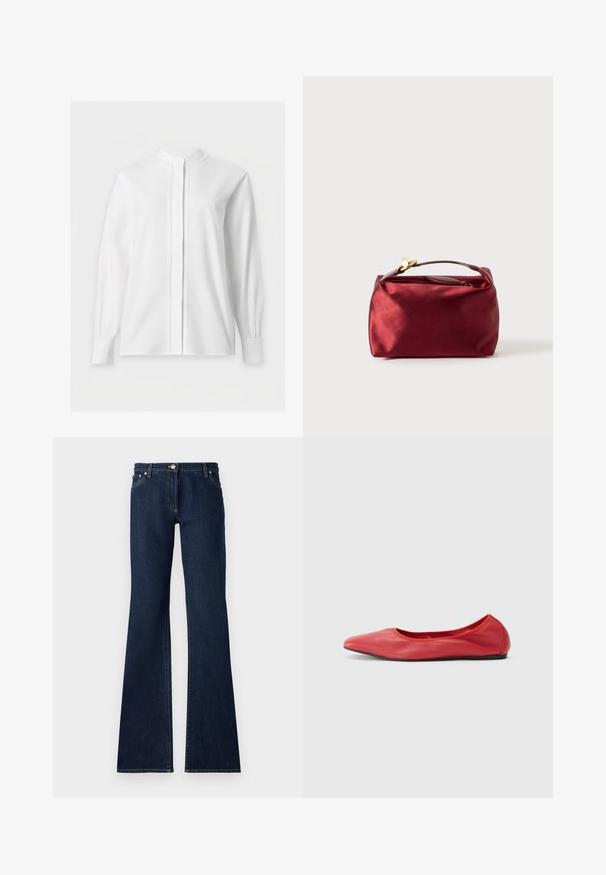 Blouse blanche manches longues avec col mao et patte de boutonnage cachée, présentée sur un fond blanc uni.; Jean flare bleu foncé en denim, dotés d'un design à cinq poches, de passants de ceinture et de coutures jaunes contrastées le long des coutures.; Filippa K REY FLATS - Ballerines - bright red; Trousse de maquillage en satin bourgogne de forme rectangulaire, avec fermeture éclair et une poignée courte. Présente un design minimaliste et une texture lisse.