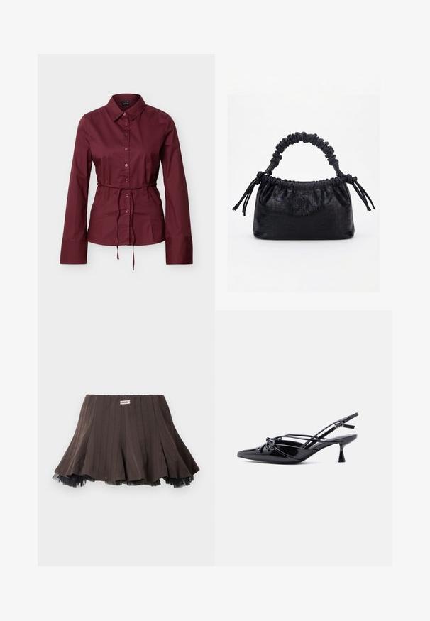 Chemise boutonnée bordeaux à manches longues avec col et fine ceinture assortie nouée à la taille, présentée sur un fond clair uni.; Jupe plissée marron en tissu texturé, avec un ourlet en tulle noir superposé et une petite étiquette de logo à la taille.; Escarpin slingback en cuir verni noir, bout pointu, petit talon kitten et nœud décoratif noué à l'avant.; Sac à main noir avec texture crocodile, bord supérieur froncé, poignée plissée et pompons à cordon de chaque côté sur fond blanc.