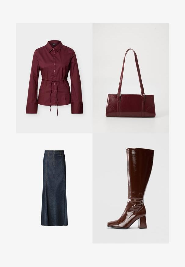 Bordeauxrode blouse met lange mouwen, knopen en kraag, met een dunne bijpassende riem gestrikt rond de taille, getoond tegen een effen lichte achtergrond.; Denim midi-rok in donkerblauw met een strakke taille, zichtbare stiksels en een rechte pasvorm. Voorzien van een rits aan de voorkant en zakken.; Kniehoge bruine laarzen van gepatenteerd leer met een vierkante neus, glanzende afwerking en een chunky hak voor stabiliteit. Naadloos ontwerp zonder zichtbare hardware.; Bourgondische handtas van glanzend materiaal, rechthoekige vorm, met twee schouderbanden en subtiele gebogen accenten aan de voorkant.