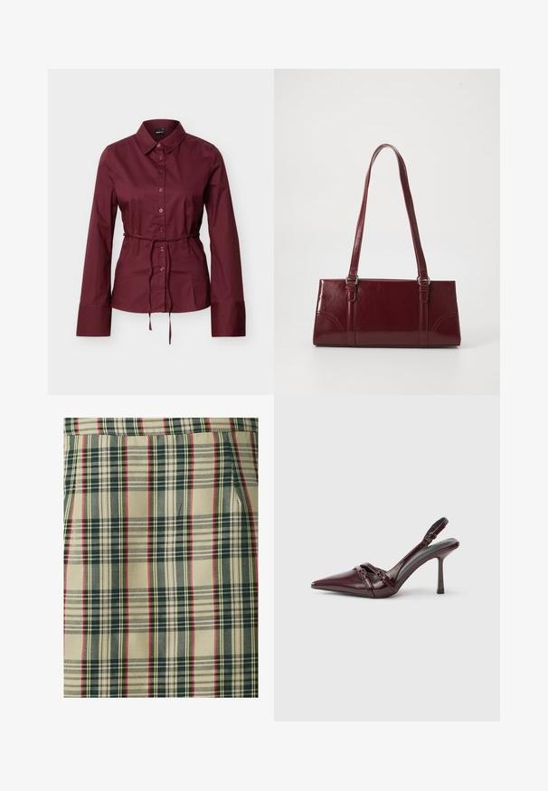 Camisa burdeos de manga larga con botones y cuello, con delgado cinturón a juego atado a la cintura, mostrada sobre un fondo claro y uniforme.; Tela de cuadros con un fondo beige y líneas en verde oscuro, rojo y amarillo. Tejido texturizado con un diseño estructurado, que muestra patrones distintos.; Zapato de tacón slingback de charol burdeos con puntera puntiaguda, fina correa en el tobillo y pequeño detalle decorativo de hebilla. Textura suave y tacón alto.; Bolso burdeos hecho de material brillante, de forma rectangular, con dos asas para el hombro y sutiles acentos curvados en la parte frontal.