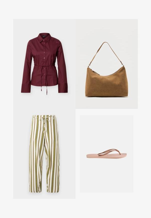 Camisa burdeos de manga larga con botones y cuello, con delgado cinturón a juego atado a la cintura, mostrada sobre un fondo claro y uniforme.; Pantalones de corte holgado con rayas verticales en verde oliva, beige y marrón, con cintura ajustable con cordón y piernas anchas.; Chancla única de color rosa claro con suela texturizada y correas metálicas de oro rosa en forma de Y sobre un fondo liso.; Bolso de hombro de ante marrón con una sola correa y cierre de cremallera superior, exhibido sobre un fondo blanco liso.