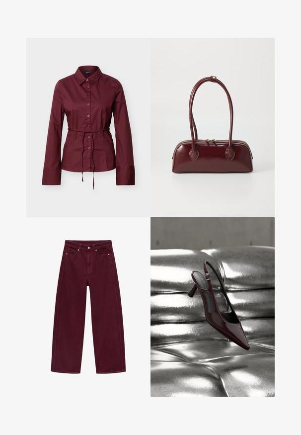 Bordeauxrode blouse met lange mouwen, knopen en kraag, met een dunne bijpassende riem gestrikt rond de taille, getoond tegen een effen lichte achtergrond.; Bordeaux wijde jeans van denim, met een vier-pocket ontwerp en metalen knoopsluiting met bijpassende stiksels.; Glanzende donkerrode slingback pumps met hoge hak en puntige neus, gepresenteerd op een glanzend zilveren, getuft leren oppervlak.; Bordeaux leren handtas met een gebogen vorm, dubbele handvatten, ritssluiting en subtiele stiksels. Gladde, hoogglanzende afwerking.