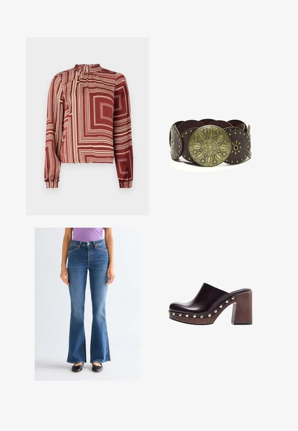 Langærmet bluse med høj halsudskæring, maroon stof med cremefarvede geometriske linjer og indsamlede manchetter for en afslappet pasform.; Kvinde iført blå jeans med høj talje og bootcut, sorte ballet flats og en lilla kortærmet skjorte, står mod en ensartet lys baggrund.; Mørkebrune lædertræsko med træplatformshæl, guldnitter langs sålens kant og åben bagpå design til at træde i.; Mørkebrun læderbælte med stor rund dekorativ messing spænde og matchende messingnitter som pynt.