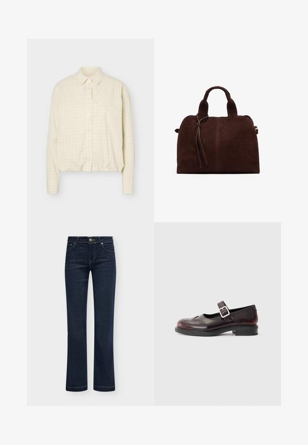 Beiges Langarmhemd mit dünnem Karomuster, Standardkragen und taillierten Manschetten.; Dunkelblaue Jeans mit geradem Bein, fünf Taschen und Knopfverschluss, flach auf hellem Hintergrund präsentiert.; Mary-Jane-Schuhe aus dunkelburgunderfarbenem Lackleder, mit gestanzten Details und einem geschnallten Riemen. Niedriger Blockabsatz, runde Zehenform.; Braune Wildleder-Handtasche mit zwei oberen Griffen, einem vorderen Knoten-Detail und kontrastierender Naht. Weiche Textur und strukturierte Form.