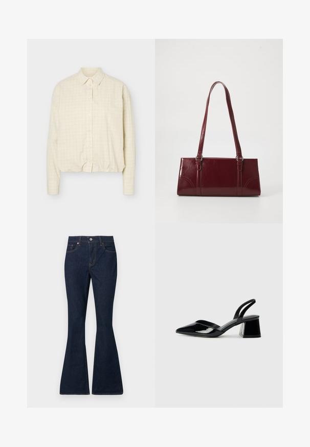 Beige overhemd met lange mouwen, dun rasterpatroon, standaardkraag en aangesloten manchetten.; Donkerblauwe denim jeans met een hoge taille, voorste knoop en ritssluiting, klassieke vijfzakstijl en uitlopende pijpen.; Zwarte gepatineerde leren slingback hakken met een spitse neus en een geometrische blokhak. Kenmerkt zich door een slank, minimalistisch ontwerp en een gladde textuur.; Bourgondische handtas van glanzend materiaal, rechthoekige vorm, met twee schouderbanden en subtiele gebogen accenten aan de voorkant.