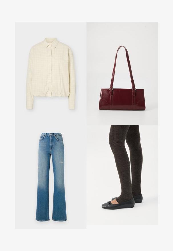 Beige overhemd met lange mouwen, dun rasterpatroon, standaardkraag en aangesloten manchetten.; Hoge taille blauwe denim jeans met lichte slijtage op de dijen, vijf zakken stijl, en een uitlopend pasvorm.; Benen met donkere geribbelde leggings gecombineerd met zwarte ballerina's met kleine strikdetails op een witte achtergrond.; Bourgondische handtas van glanzend materiaal, rechthoekige vorm, met twee schouderbanden en subtiele gebogen accenten aan de voorkant.