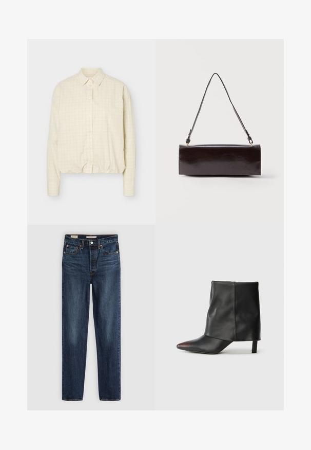 Beige overhemd met lange mouwen, dun rasterpatroon, standaardkraag en aangesloten manchetten.; Diepblauwe rechte jeans met vijf zakken, knoop- en ritssluiting, en contrasterende stiksels.; Zwarte enkellaars van glad leer met een puntige neus en een taps toelopende hak. Het bovenwerk heeft een licht geplooid ontwerp.; Rechthoekige zwarte leren handtas met een enkele lange schouderband en een glanzende afwerking, weergegeven tegen een effen witte achtergrond.