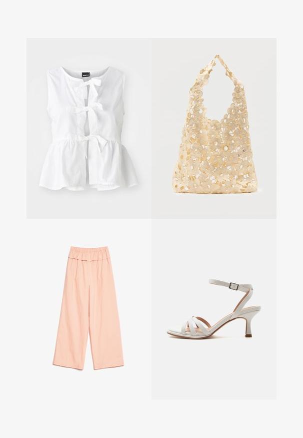Top blanco sin mangas en tejido ligero, con dobladillo peplum, lazos en la parte delantera y abertura en forma de llave, con un escote redondeado.; Pantalones anchos de color rosa suave con una cómoda cinturilla elástica alta y un corte holgado, exhibidos sobre un fondo blanco.; Sandalia blanca de tacón medio con tres tiras delanteras, una correa en el tobillo con hebilla plateada y un tacón ligeramente curvado sobre un fondo liso.; Bolso tote beige de crochet con un patrón floral abierto, que presenta flores grandes y pequeñas y una sola asa en forma de lazo.