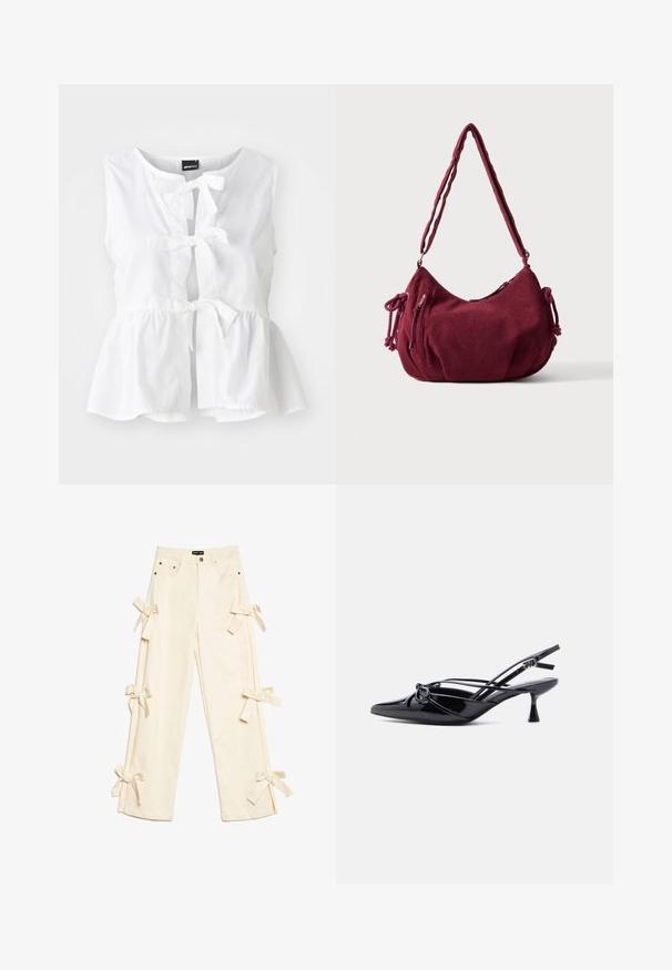 Witte mouwloze top van lichtgewicht stof, met een peplum zoom, voorste strikjes en een sleutelgatenopening, met een ronde halslijn.; Crème wijde broek met hoge taille, vijf zakken, metalen knoop en stofstrikken die langs beide broekspijpen zijn gestrikt.; Zwarte slingback pump van lakleer met een spits toelopende neus, lage kittenhak en decoratieve knoopstrik aan de voorkant.; Zachte kastanjebruine corduroy schoudertas met verstelbare band, ritssluiting, zijstrikjes en een voorvak met rits.