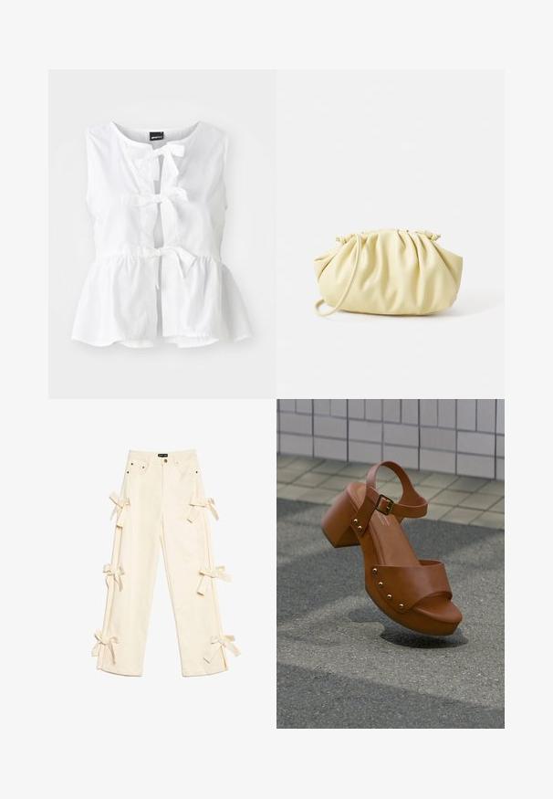 Witte mouwloze top van lichtgewicht stof, met een peplum zoom, voorste strikjes en een sleutelgatenopening, met een ronde halslijn.; Crème wijde broek met hoge taille, vijf zakken, metalen knoop en stofstrikken die langs beide broekspijpen zijn gestrikt.; Bruine leren platformsandaal met enkelbandje en gouden studs die boven een geplaveide grond en betegelde muur drijft.; Geel geplooide handtas van soepel nepleer, met een zachte vorm, een enkele schouderriem en een verzameld ontwerp aan de bovenkant.