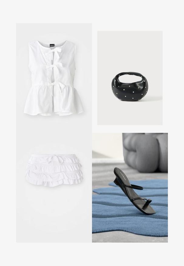 Hvid ærmeløs top i letvægtsstof, med peplum-hjørne, frontbindinger og nøglehulåbning, samt rund halsudskæring.; Hvid rynket svømmedragt med flere lag, der har en justerbar snøre i taljen. Blødt stof med en glat tekstur.; Sort sandal med remme og tå-loop vist på et blåt tekstureret tæppe, med en stor grå dekorativ genstand sløret i baggrunden.; Sort læderhåndtaske med en rundet form, dekoreret med sølvnitter, og et kort håndtag. Glat tekstur og lynlåslukning.
