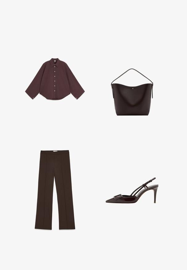 Camisa marrón oscuro de manga larga con botones, puños anchos y cuello puntiagudo, colocada plana sobre un fondo blanco.; Pantalones marrones de pierna ancha confeccionados en una tela suave; presentan pliegues frontales y una cinturilla estándar. Diseño minimalista sin cierre visible.; Tacón de tiras traseras puntiagudas de charol negro con una hebilla decorativa y finas correas para el tobillo.; Bolso bandolera de cuero marrón oscuro con una sola correa y un pequeño detalle de botón dorado en el centro del frente.