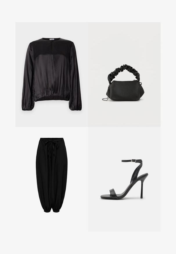 Zwarte satijnen lange mouwen top met een ronde halslijn, een kleine opening aan de voorkant en een gathered elastische zoom voor een getailleerd silhouet.; Zwarte losse broek met elastische taille en enkels, aantrekkoord in de taille en geplooide boorden.; Zwarte hoge hakken sandaal met een slanke enkelband en twee voorste banden. Gemaakt van soepel leer met een slanke puntneus en een stiletteloze hak.; Zwarte handtas met een ronde vorm, gemaakt van glad materiaal. Voorzien van een zachte, geplooide hengsel en een metalen kettingschouderband voor veelzijdigheid.