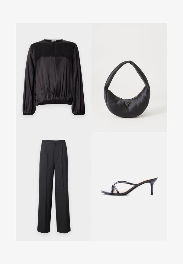 Haut noir en satin à manches longues avec un col rond, une petite ouverture à l'avant et un ourlet élastiqué froncé pour une silhouette ajustée.; Pantalons larges gris foncé en tissu à texture lisse, présentant un devant plat et une taille ajustée.; Sandale à talon en cuir verni noir avec fines lanières croisées et talon aiguille moyen et élancé sur fond blanc.; Sac à main en satin noir avec une forme courbée, doté d'une fermeture à glissière et d'un logo triangulaire en métal à l'avant. Texture lisse et design épuré.
