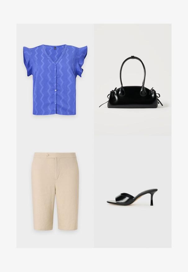 Blauwe blouse met korte mouwen en een V-hals, met een zigzagpatroon en knoopsluiting aan de voorkant. Getextureerde stof met uitlopende mouwen.; Beige linnen shorts met een sluiting aan de voorkant met knoop, twee zijzakken en een rechte snit, voorzien van een gladde textuur en een eenvoudig ontwerp.; Zwarte leren hoge hakken mules met een open teen ontwerp en een brede, gebogen bovenband. Gladde textuur en gestroomlijnde silhouette.; Kleine zwarte glanzende handtas met twee lange hengsels en zijkant trekkoord details op een effen lichte achtergrond.