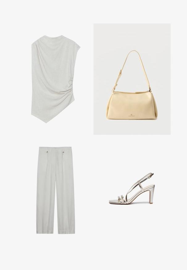 Lys beige top med en rund halsudskæring, asymmetrisk kant og samlede detaljer på den ene side. Fremstillet af et blødt, struktureret stof.; Lys grå, vid benbukser lavet af et blødt stof. Har to frontfolder, to knaplukninger og en glat tekstur.; Metallic sølv højhælet sandal med åben tå, der har tre tynde stropper over foden og en ankelstrop med spænde.; Beige rektangulær skuldertaske med justerbar rem og lynlås, med en lille "Anna Field"-logo midt foran.