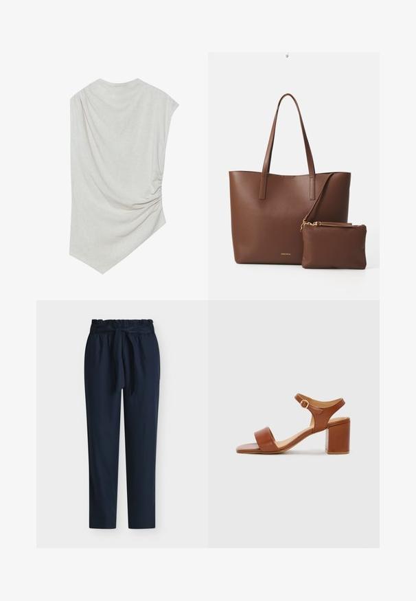 Haut beige clair avec un col arrondi, un ourlet asymétrique et des détails froncés d'un côté. Fabriqué en un tissu doux et texturé.; Pantalon bleu marine taille haute avec taille paperbag et ceinture en tissu nouée en nœud devant.; Sandale à talon en cuir marron avec un bout carré, une bride de cheville ajustable et un talon carré. Texture lisse et design minimaliste.; Sac fourre-tout en simili cuir marron avec deux longues poignées et une pochette assortie. La surface présente un motif texturé et des accents en métal doré.