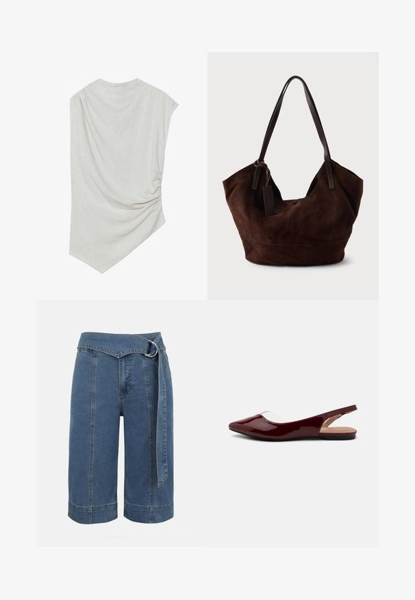 Haut beige clair avec un col arrondi, un ourlet asymétrique et des détails froncés d'un côté. Fabriqué en un tissu doux et texturé.; Short en jean bleu à jambes larges avec des détails de coutures sur le devant et une ceinture en tissu assortie avec boucle en D argentée.; Ballerines à talon slingback en vernis bordeaux avec un bout pointu, une découpe transparente et une semelle plate noire. Texture lisse, design minimaliste.; Handbag en cuir suédé marron avec une forme douce et souple. Doté de poignées en cuir et d'une étiquette décorative. Texture plain avec des coutures courbes.