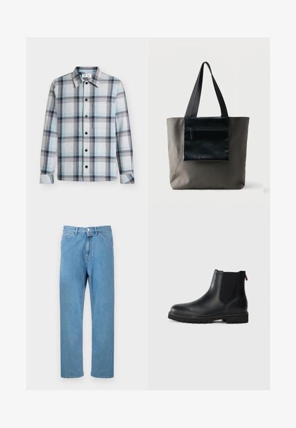 Langärmliges Hemd mit Knöpfen, hellblauem, weißem und schwarzem Karomuster und spitzem Kragen.; Hellblaue Jeans aus Denim mit geradem Bein, fünf Taschen und Knopfverschluss am Bund. Keine sichtbaren Muster oder Verzierungen.; Schwarze Leder-Stiefelette mit elastischen Seiteneinsätzen, runder Spitze und einer robusten Gummisohle mit tiefem Profil für optimalen Halt.; Graue Tragetasche mit schwarzer Front-Reißverschlusstasche und schwarzen Schulterriemen vor einfarbigem Hintergrund.