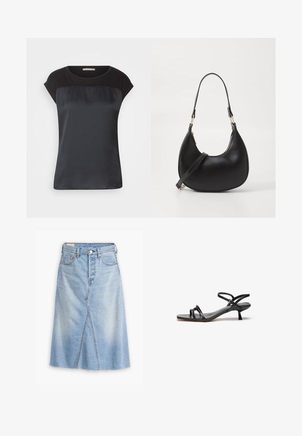 Sort kortærmet top med en satinlignende frontpanel og kontrasterende mat stof på skuldrene. Glat tekstur med en afslappet pasform.; Lysblå denimnederdel med lige snit, frontspalte, filt kant, fem lommer og metalhardwaredetaljer.; Sorte lædersandaler med et slankt, minimalistisk design. Har to tynde remme og en lille, skrå hæl. Glat tekstur og åben tå.; Sort læder håndtaske med en buet form, udstyret med en top-lynlås, et kort håndtag og en aftagelig crossbody-strop. Gyldne hardware-accenter.