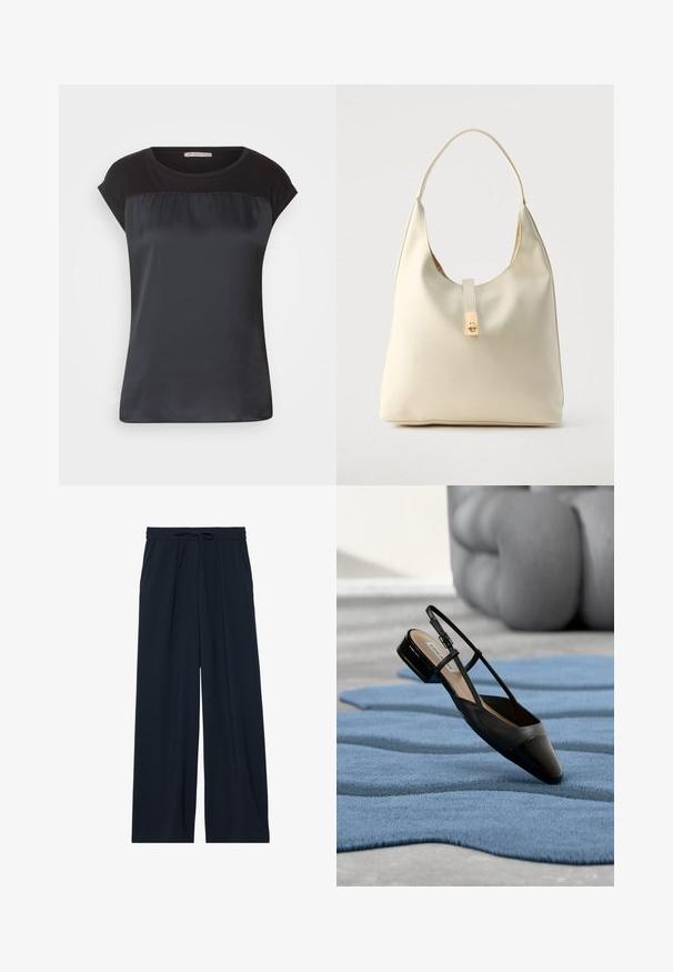Zwarte korte mouwen top met een satijnen voorkant en contrasterende matte stof op de schouders. Soepele textuur met een comfortabele pasvorm.; Marineblauwe wijde broek van gladde stof met een elastische tailleband en een trekkoord. Heeft een ontspannen pasvorm en geen zichtbare zakken.; Zwarte slingback schoen van lakleer met een lage blokhak, rustend op een gestructureerd blauw golvend tapijt en grijze, gewatteerde meubels.; Crèmekleurige leren hobo-tas met een enkele schouderband, een gladde textuur en een goudkleurige sluiting aan de voorkant.