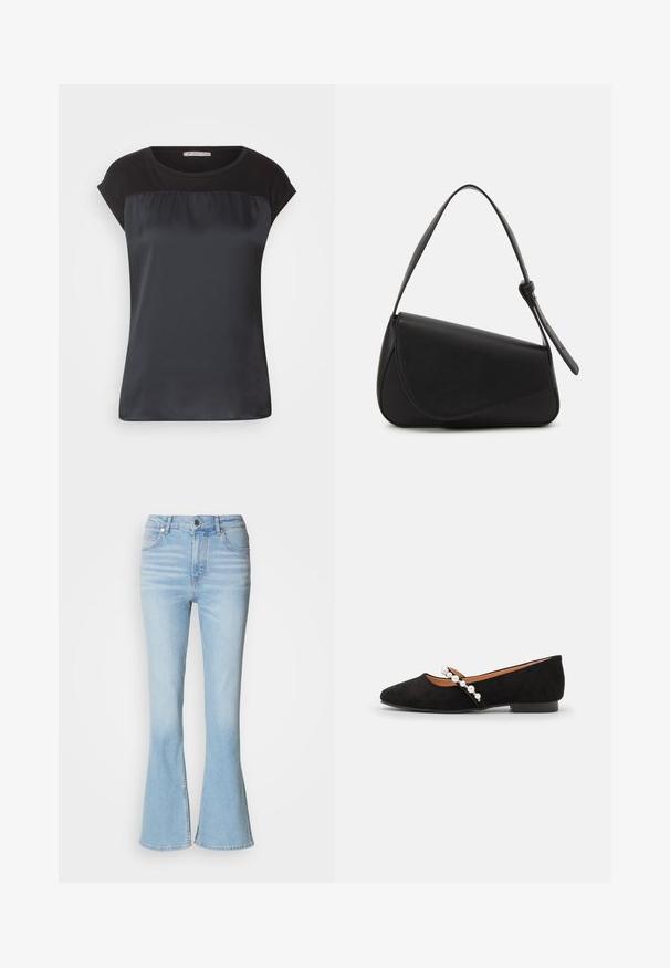 Zwarte korte mouwen top met een satijnen voorkant en contrasterende matte stof op de schouders. Soepele textuur met een comfortabele pasvorm.; Lichtblauwe flared jeans van denim met een hoge taille, voorzien van subtiele vervaging en een standaard ritsluiting.; Zwarte fluwelen balletflats met een spitse neus, voorzien van een decoratieve band versierd met witte parels en een lage hak.; Zwart leren handtas met een driehoekige vorm, schuine klep en een ronde handgreep. Heeft een gladde textuur en minimalistische ontwerpelementen.