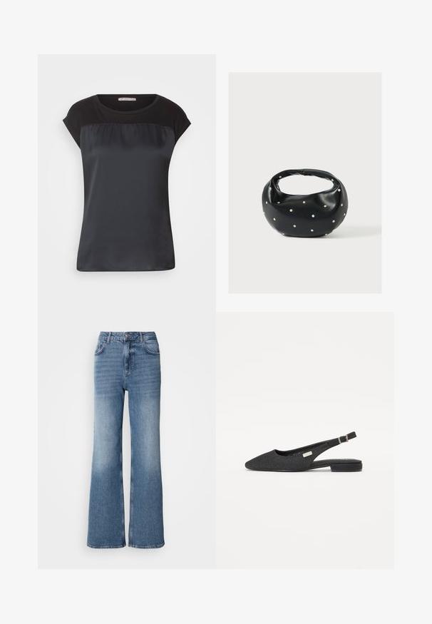 Sort kortærmet top med en satinlignende frontpanel og kontrasterende mat stof på skuldrene. Glat tekstur med en afslappet pasform.; Mos Mosh MAI - Jeans Straight Leg - blue wash; Sorte, lavhælede slingback-sko lavet af tekstureret stof, med en spids tå og justerbar rem med metalhardware.; Sort læderhåndtaske med en rundet form, dekoreret med sølvnitter, og et kort håndtag. Glat tekstur og lynlåslukning.