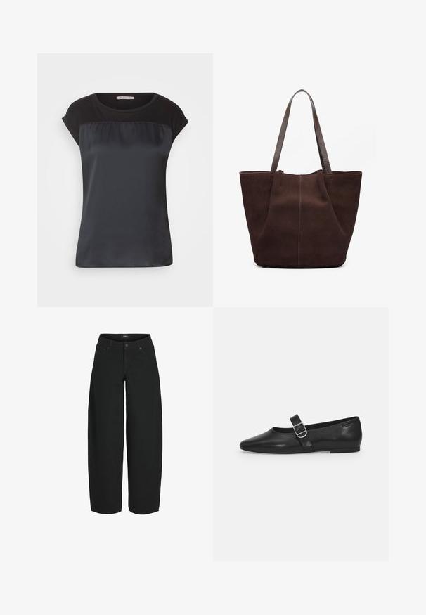 Zwarte korte mouwen top met een satijnen voorkant en contrasterende matte stof op de schouders. Soepele textuur met een comfortabele pasvorm.; Zwarte cropped jeans met wijde pijpen, voorzijde met knoop- en ritssluiting, voor- en achterzakken, merklabel op de tailleband.; Zwarte leren platte schoen met een ronde neus, een enkele verstelbare gespsluiting en een gladde, glanzende textuur. Minimalistisch ontwerp met een lage hak.; Bruine suede schoudertas met twee textuur leren handvatten. Beschikt over een eenvoudig, open ontwerp en subtiele stiksels langs de voornaad.