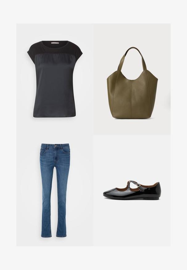 Sort kortærmet top med en satinlignende frontpanel og kontrasterende mat stof på skuldrene. Glat tekstur med en afslappet pasform.; Blå denim flared jeans med fem lommer, bæltestropper og en lynlås foran. Har en glat tekstur og let falmende.; Sort laklæder Mary Jane-flad sko med to udskæringer og en guldbuckelrem på hvid baggrund.; Oliven grøn læder tote taske med dobbelte håndtag, glat tekstur og fire panel design. Forstærket syning langs sømmene for holdbarhed.
