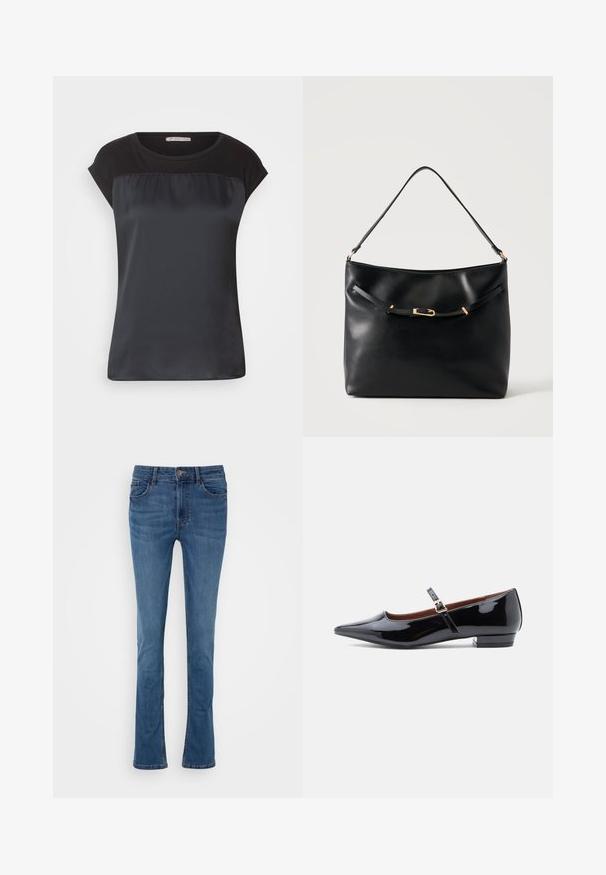 Sort kortærmet top med en satinlignende frontpanel og kontrasterende mat stof på skuldrene. Glat tekstur med en afslappet pasform.; Blå denim flared jeans med fem lommer, bæltestropper og en lynlås foran. Har en glat tekstur og let falmende.; Sorte patenterede læder Mary Jane flade sko med spids tå og lille hæl, udstyret med en justerbar rem med guld spænde.; Sort skuldertaske i læder med en enkel strop og en lille guldlåsdetalje foran mod en ensfarvet lys baggrund.