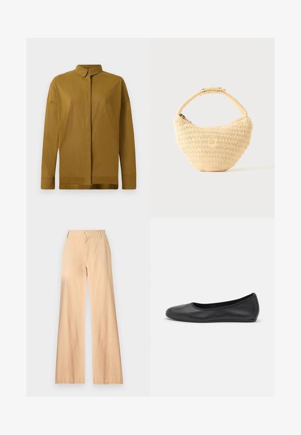 Chemise marron à manches longues avec un col pointu, patte de boutonnage à l'avant et texture de tissu lisse. Coupe ajustée avec un ourlet droit.; Pantalons larges beiges en coton, dotés d'une fermeture éclair à l'avant, d'une fermeture à bouton et de deux poches latérales avec une texture lisse.; Ballerines en cuir noir avec un bout rond, texture lisse, détails de couture minimalistes et design de semelle flexible.; Sac à main beige tissé avec corps arrondi, fermeture éclair et une sangle courte et épaisse dans un style crochet simple et texturé.