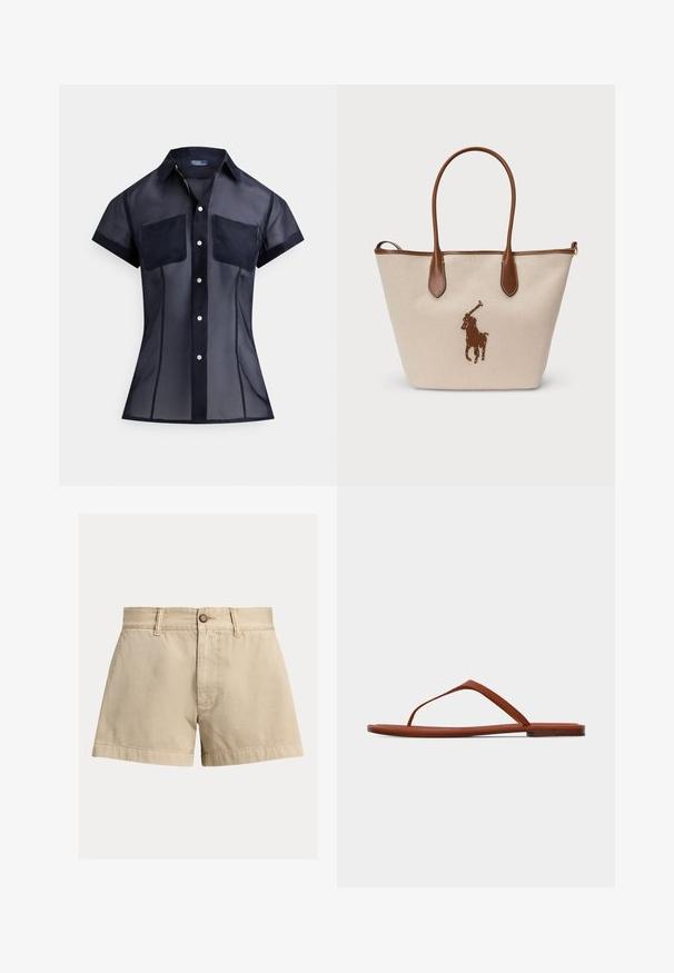 Navyblå, kortærmet, transparent skjorte med knapper, to brystlommer og spids krave, der fremhæver en tætsiddende silhuet.; Beige bomuldsshorts med lige snit, knaplukning og to forlommer. Glat tekstur og detaljer med opbukket kant.; Brun flad sandal med tynd sål og minimalistisk remdesign på en ensfarvet lys baggrund.; Beige lærreds-totepose med brune læderdetaljer og håndtag, med en brun broderet polo-spillerlogo på forsiden.