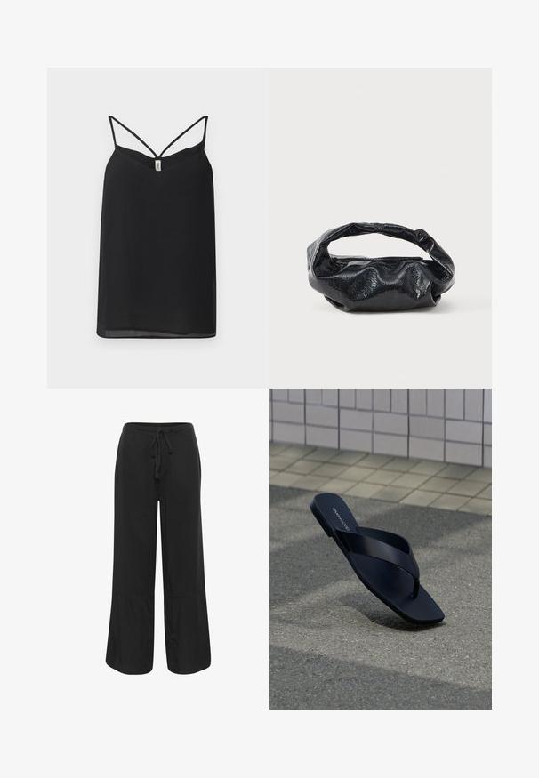 Zwarte mouwloze top met een V-hals, voorzien van dunne, gekruiste bandjes op de rug. Lichtgewicht, glad materiaal met een vloeiende silhouet.; Culture CUNAVI CLARINA - Broek - black; Zwarte teenslipper met vierkante neus en merknaam op het voetbed, rechtop geplaatst op gestructureerde bestrating nabij betegelde muur.; Zwarte tas van glanzend, textuur materiaal met een ronde, gedraaide handgreep en een ritsluiting. Heeft een zacht, gekreukt ontwerp.