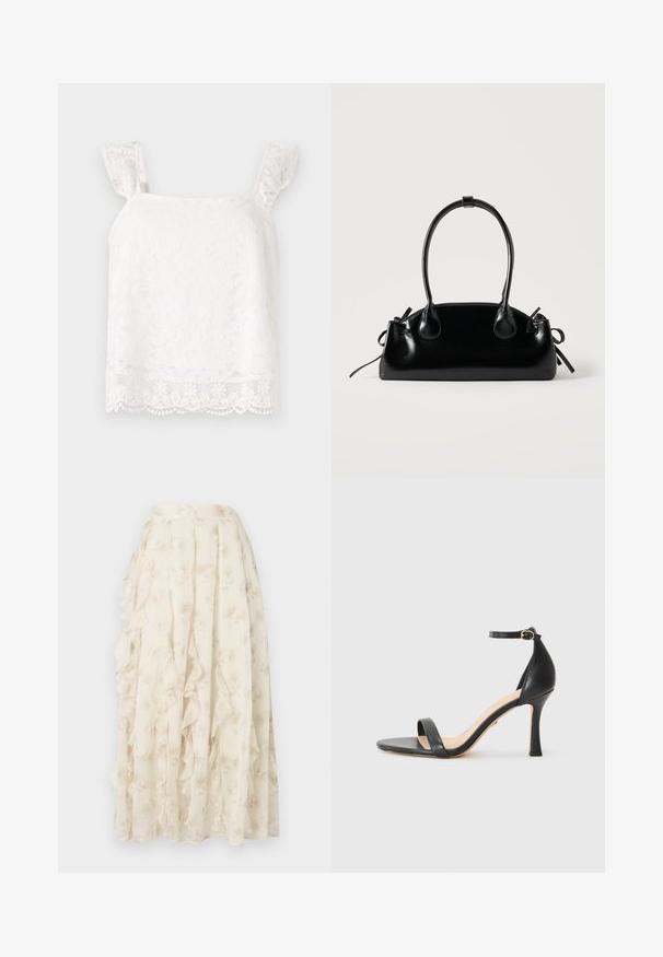 White floral lace top with ruffled shoulder straps. Features delicate patterns and scalloped hem detail for added texture. Lightweight material.; Long cream skirt with subtle floral pattern and cascading ruffle details, made from lightweight, sheer fabric.; Black leather high-heeled sandal with thin ankle strap, open toe, and a sleek, curved heel. Textured sole and minimalistic design.; Small black glossy handbag with two long handles and side drawstring details on a plain light background.