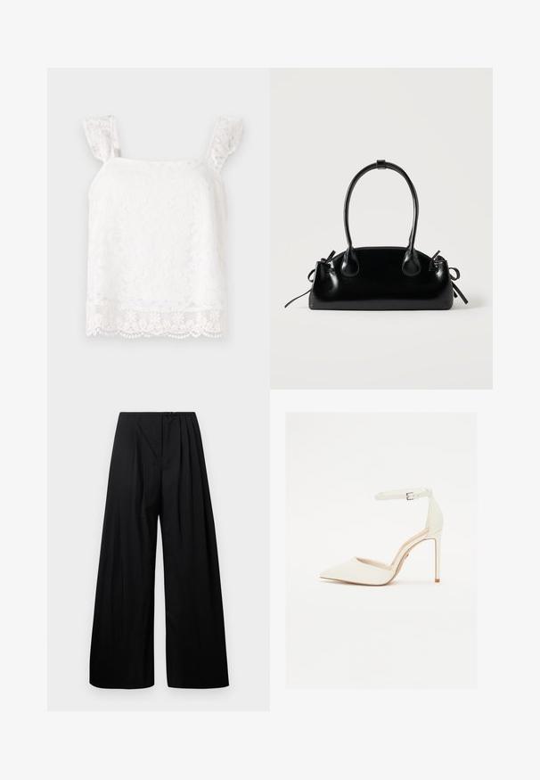 Haut en dentelle florale blanche avec des bretelles froncées. Présente des motifs délicats et un ourlet festonné pour plus de texture. Matière légère.; Pantalons larges noirs à taille haute, dotés de plis verticaux et d'une fermeture à bouton. Texture lisse, design minimaliste.; Chaussure à talons hauts blanche en cuir avec un bout pointu et une fine bride de cheville. Dotée d'un talon aiguille et d'un design minimaliste.; Petit sac à main noir brillant avec deux longues anses et des détails à cordon sur les côtés sur un fond clair uni.