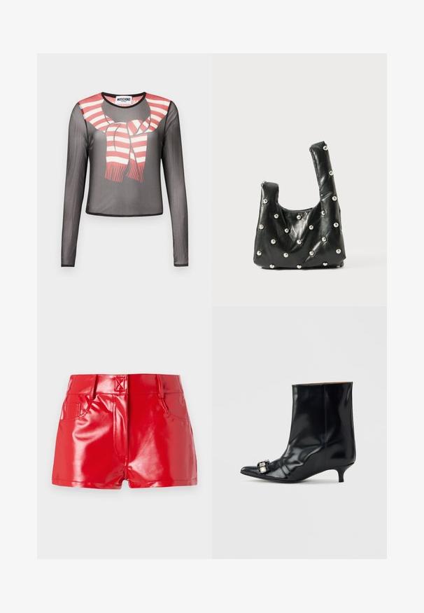 Sort gennemsigtig top med lange ærmer og trykt rød og hvidstribet tørklæde bundet ved halsudskæringen, Moschino Jeans-mærke indeni kraven.; Røde faux læder shorts med en blank finish, der har høj talje, forlommer og syningsdetaljer. Struktureret, tætsiddende design.; Sort læder ankelstøvle med spids tå, lav kitten-hæl og dekorativ sølvspænde på siden nær tåen.; Sort lædertaske med en blød tekstur, der har runde top-håndtag og metallisk perleaccent på overfladen. Kompakt, struktureret form.