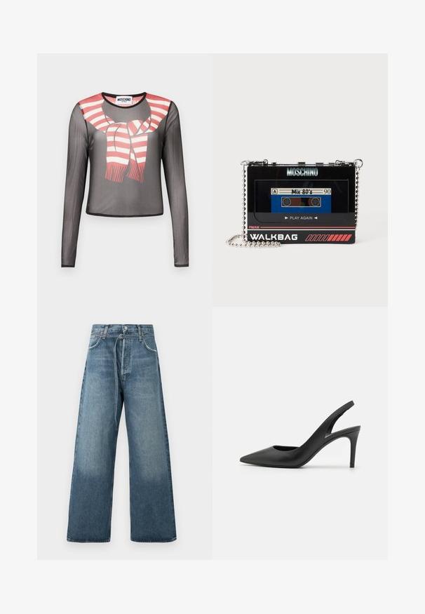 Haut noir transparent à manches longues avec une écharpe imprimée rayée rouge et blanche nouée au col, étiquette Moschino Jeans à l'intérieur du col.; Jeans évasés bleu en délavé, fabriqués en denim avec des accents de couture visibles et une fermeture à bouton à la taille.; Escarpins à talon aiguille en cuir noir, avec un design à bout pointu, présentant une découpure à l'avant et un talon fin.; Sac Moschino rectangulaire noir en forme de cassette vintage avec une bandoulière chaîne argentée et une étiquette de cassette "Mix 80's".