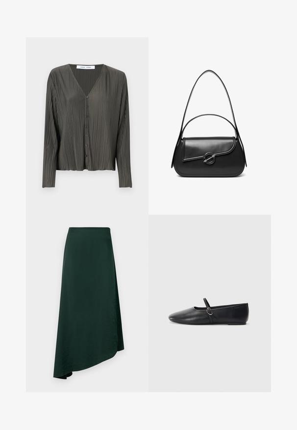 Camisa de botón de manga larga de color verde oscuro, con escote en V, textura plisada y botones negros. La tela parece suave y ligera.; Falda envolvente de color verde oscuro, fabricada en un tejido suave, con un dobladillo asimétrico y una cinturilla sin costuras para un diseño limpio.; Bailarinas de cuero negro con punta afilada, suela plana y una pequeña correa con detalle de hebilla plateada.; Bolso de hombro de cuero negro con una solapa curva asegurada por un broche metálico redondo y una correa delgada y ajustable.