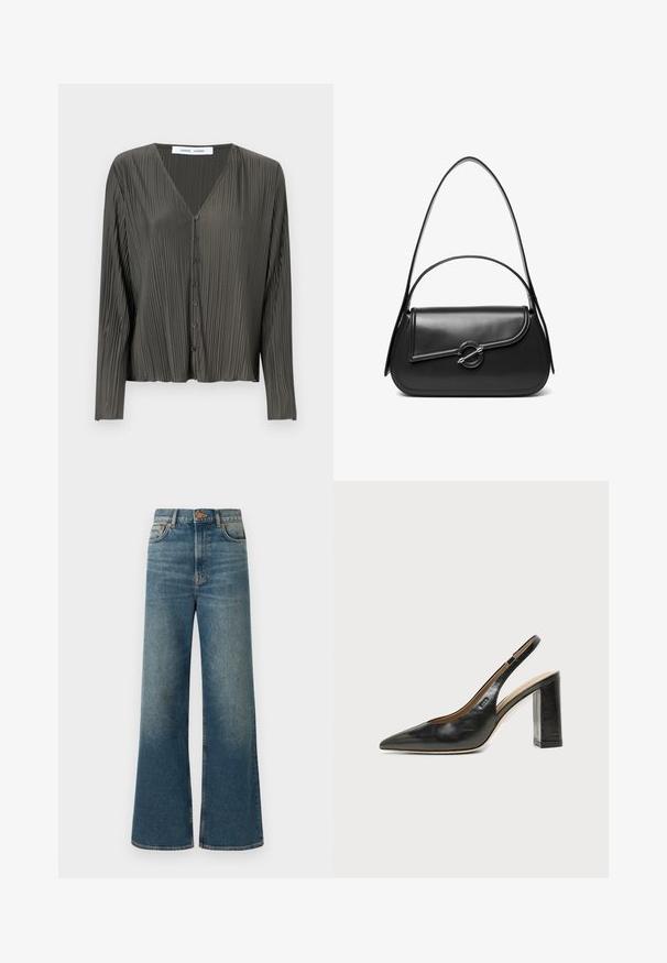 Mørkegrøn, langærmet skjorte med knapper og V-hals, plisseret struktur og sorte knapper. Stoffet ser glat og let ud.; Bredde ben jeans i medium blå denim, med høj talje, fem-lomme design og en subtil falmet finish. Kobberknap og syninger som detaljer.; Sort læder peep-toe slingback sko med høj blokhæl og beige indvendig foring mod en ensfarvet lys baggrund.; Sort skuldertaske i læder med en buet klap, der er fastgjort med en rund metal spænde, og en slank, justerbar rem.