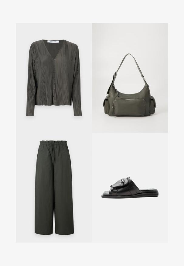 Camisa de botón de manga larga de color verde oscuro, con escote en V, textura plisada y botones negros. La tela parece suave y ligera.; Pantalones de pierna ancha en tejido verde oscuro, con una cintura elástica y una textura suave, sin herrajes visibles ni patrones.; Sandalia tipo slide de cuero negro con suela acolchada y detalle de bolsillo con cremallera en la parte delantera de la correa.; Bolso de hombro de cuero verde con un diseño curvado, bolsillo con cremallera en la parte frontal y bolsillos adicionales en los laterales. Textura suave y hardware minimalista.